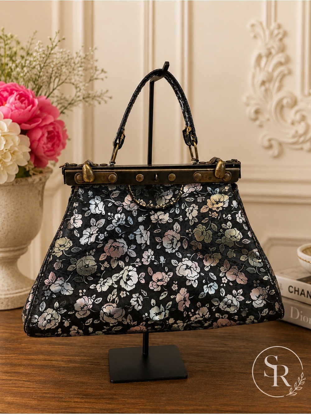 San Marco Floral Embossed Frame Doctor Handbag Iridescent Vinyl Purse 13”